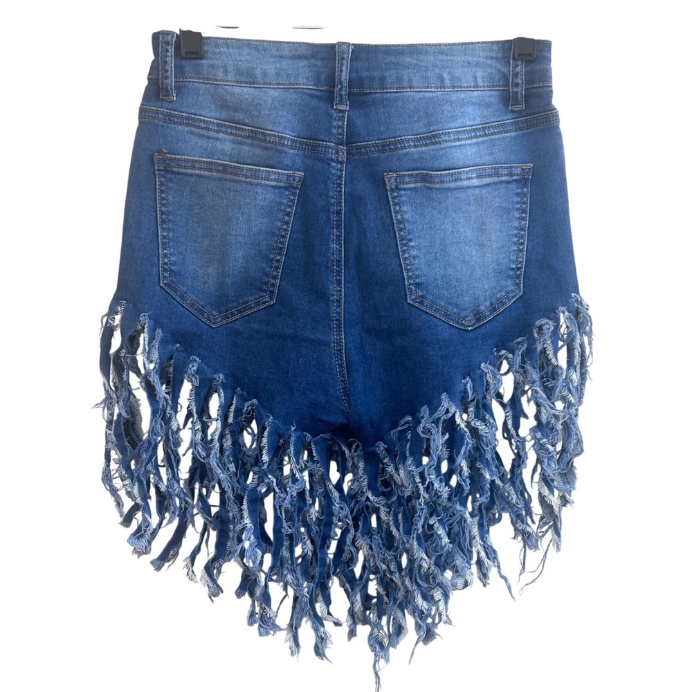 JC & JQ Blue Denim High Waisted Fringe Tassel Shorts HS2309 Medium Wash Womens S - Picture 5 of 6